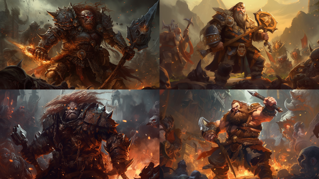 A fierce, battle-hardened dwarf warrior, charging into battle ::5 A fiery, chaotic battle scene in the background ::3 Elaborate, ornate dwarven armor and weapons ::2 A mountain of treasure and riches looms in the background ::1 masterpiece ::5 --ar 16:9 --s 250 --v 5