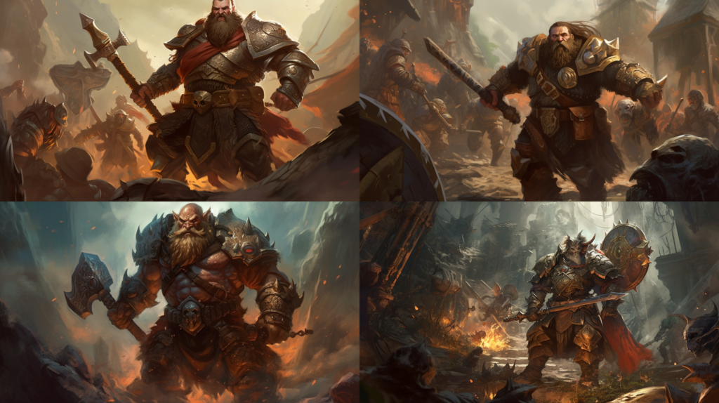 A fierce, battle-hardened dwarf warrior, charging into battle ::5 A fiery, chaotic battle scene in the background ::3 Elaborate, ornate dwarven armor and weapons ::2 A mountain of treasure and riches looms in the background ::1 perfect shading ::5 --ar 16:9 --s 250 --v 5 