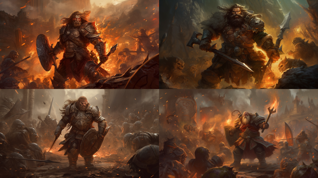 A fierce, battle-hardened dwarf warrior, charging into battle ::5 A fiery, chaotic battle scene in the background ::3 Elaborate, ornate dwarven armor and weapons ::2 A mountain of treasure and riches looms in the background ::1 --ar 16:9 --s 250 --v 5