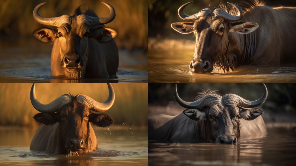 African gnu enjoying a refreshing swim in a crystal clear lake ::5 Majestic and serene scenery ::4 Water splashing, sun reflecting on the surface ::3 Warm and earthy tones, shades of brown and green ::2 Close-up shot, focus on the gnu's eyes and horns ::2 perfect shading ::5 --ar 16:9 --s 250 --v 5