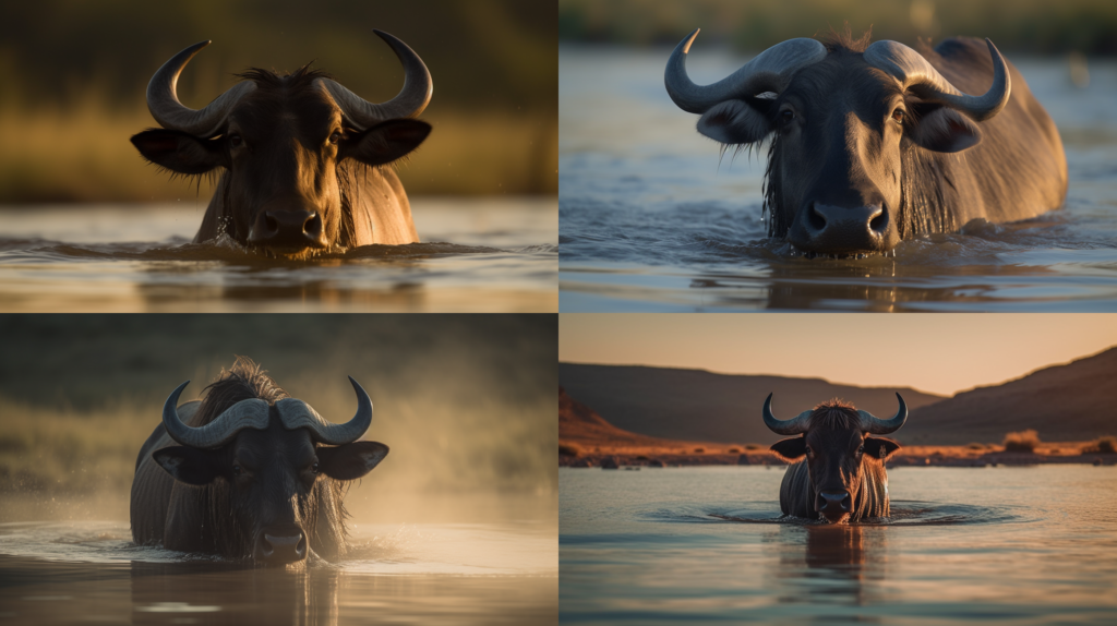 African gnu enjoying a refreshing swim in a crystal clear lake ::5 Majestic and serene scenery ::4 Water splashing, sun reflecting on the surface ::3 Warm and earthy tones, shades of brown and green ::2 Close-up shot, focus on the gnu's eyes and horns ::2 --ar 16:9 --s 250 --v 5