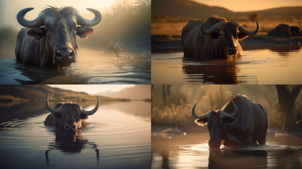 African gnu enjoying a refreshing swim in a crystal clear lake ::5 Majestic and serene scenery ::4 Water splashing, sun reflecting on the surface ::3 Warm and earthy tones, shades of brown and green ::2 Close-up shot, focus on the gnu's eyes and horns ::2 pixer 3d character ::5 --ar 16:9 --s 250 --v 5