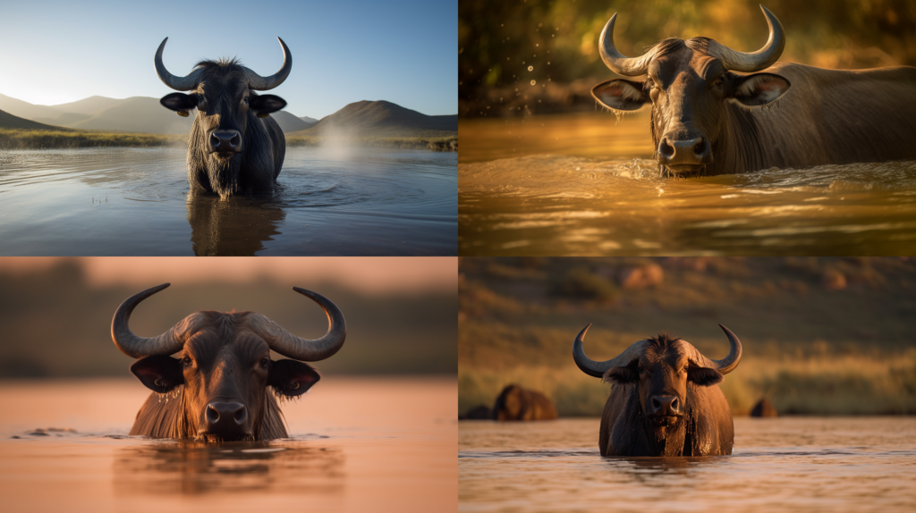 African gnu enjoying a refreshing swim in a crystal clear lake ::5 Majestic and serene scenery ::4 Water splashing, sun reflecting on the surface ::3 Warm and earthy tones, shades of brown and green ::2 Close-up shot, focus on the gnu's eyes and horns ::2 kaleidoscope ::5 --ar 16:9 --s 250 --v 5