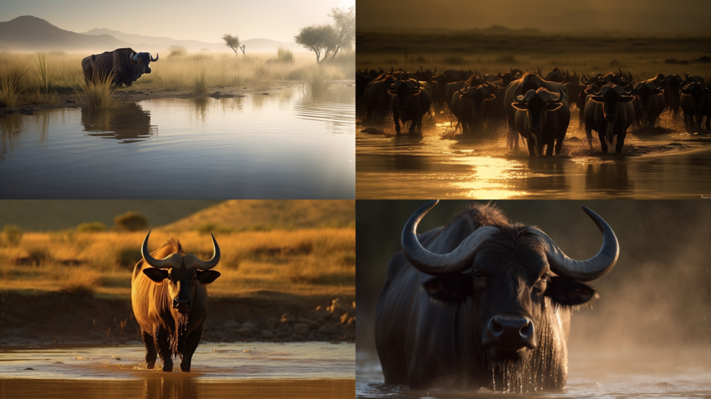 African gnu enjoying a refreshing swim in a crystal clear lake ::5 Majestic and serene scenery ::4 Water splashing, sun reflecting on the surface ::3 Warm and earthy tones, shades of brown and green ::2 Close-up shot, focus on the gnu's eyes and horns ::2 concept art ::5 --ar 16:9 --s 250 --v 5 