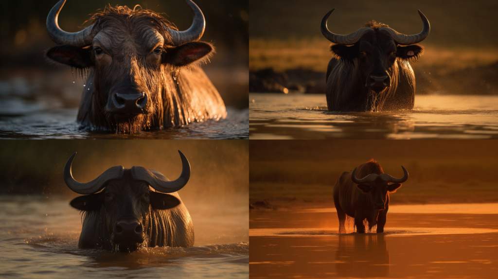 African gnu enjoying a refreshing swim in a crystal clear lake ::5 Majestic and serene scenery ::4 Water splashing, sun reflecting on the surface ::3 Warm and earthy tones, shades of brown and green ::2 Close-up shot, focus on the gnu's eyes and horns ::2 epic ::5 --ar 16:9 --s 250 --v 5