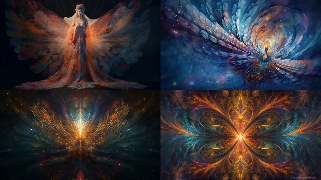 Celestial being with feathery wings, emanating divine light and soft colors ::4 Wearing a flowing robe and holding a sacred object ::3 In a natural or heavenly environment ::2 kaleidoscope ::5 --ar 16:9 --s 250 --v 5