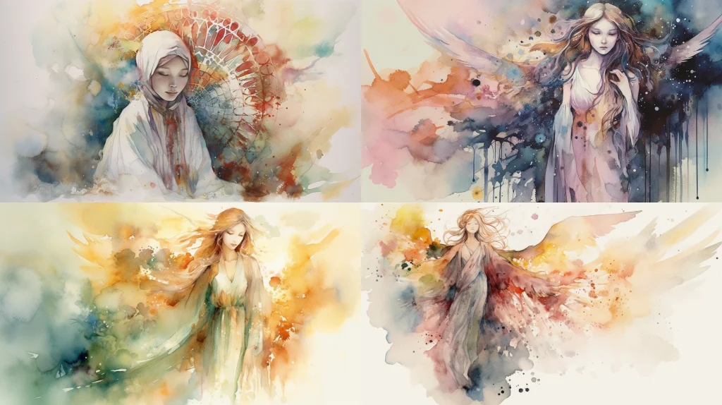 Celestial being with feathery wings, emanating divine light and soft colors ::4 Wearing a flowing robe and holding a sacred object ::3 In a natural or heavenly environment ::2 watercolor ::5 --ar 16:9 --s 250 --v 5