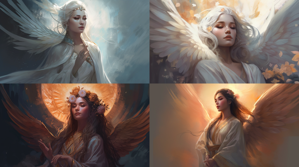 Celestial being with feathery wings, emanating divine light and soft colors ::4 Wearing a flowing robe and holding a sacred object ::3 In a natural or heavenly environment ::2 perfect shading ::5 --ar 16:9 --s 250 --v 5