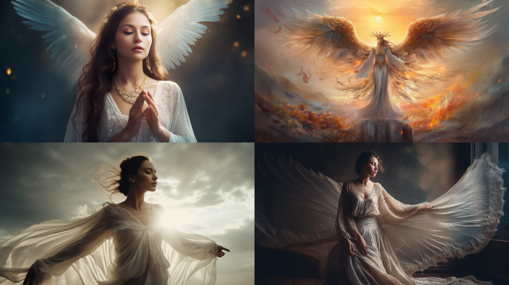 Celestial being with feathery wings, emanating divine light and soft colors ::4 Wearing a flowing robe and holding a sacred object ::3 In a natural or heavenly environment ::2 masterpiece ::5 --ar 16:9 --s 250 --v 5