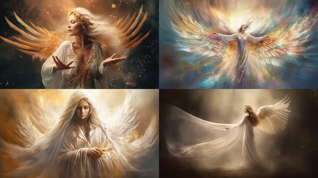 Celestial being with feathery wings, emanating divine light and soft colors ::4 Wearing a flowing robe and holding a sacred object ::3 In a natural or heavenly environment ::2 --s 250 --ar 16:9
