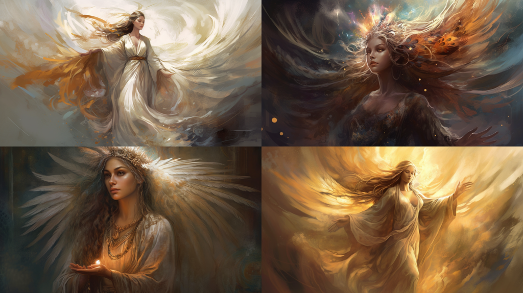 Celestial being with feathery wings, emanating divine light and soft colors ::4 Wearing a flowing robe and holding a sacred object ::3 In a natural or heavenly environment ::2 epic ::5 --ar 16:9 --s 250 --v 5