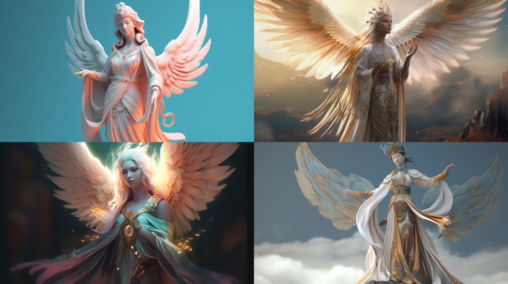Celestial being with feathery wings, emanating divine light and soft colors ::4 Wearing a flowing robe and holding a sacred object ::3 In a natural or heavenly environment ::2 pixer 3d character ::5 --ar 16:9 --s 250 --v 5