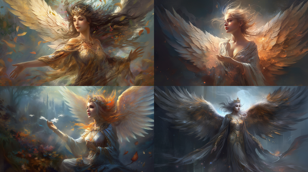 Celestial being with feathery wings, emanating divine light and soft colors ::4 Wearing a flowing robe and holding a sacred object ::3 In a natural or heavenly environment ::2 fantasy art ::5 --ar 16:9 --s 250 --v 5