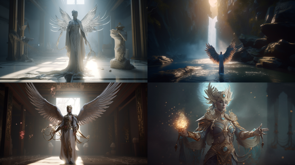 Celestial being with feathery wings, emanating divine light and soft colors ::4 Wearing a flowing robe and holding a sacred object ::3 In a natural or heavenly environment ::2 unreal engine ::5 --ar 16:9 --s 250 --v 5