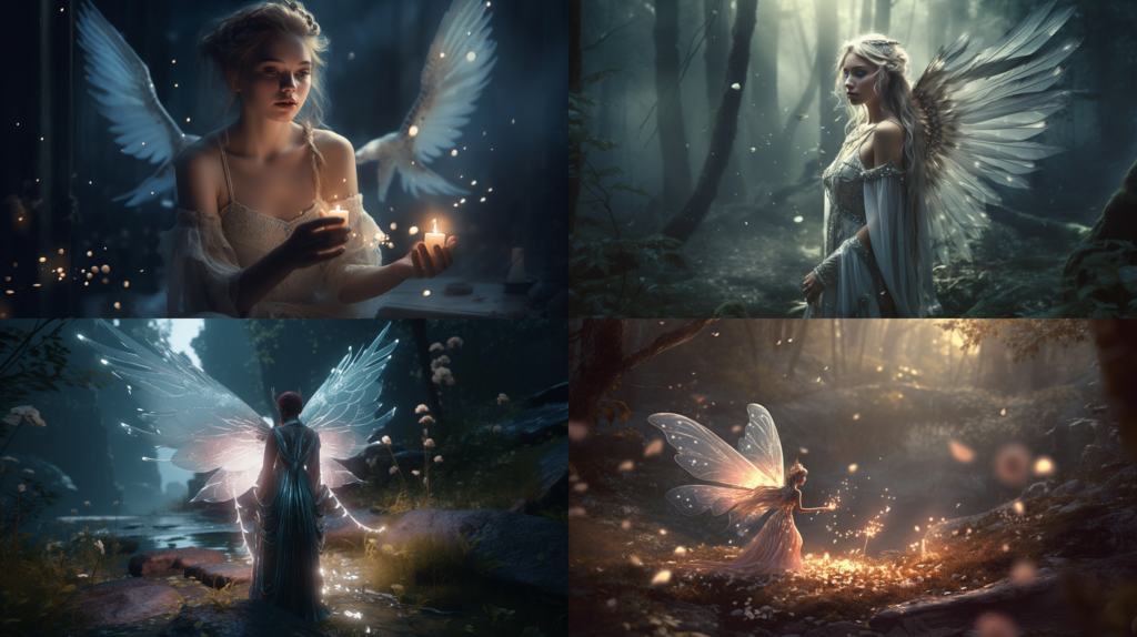 Enchanting, ethereal being, with delicate wings ::5 Glowing, glittering, sparkling ::4 Mystical, magical forest ::3 Pastel colors, soft hues, dreamy atmosphere ::2 unreal engine ::5 --ar 16:9 --s 250 --v 5
