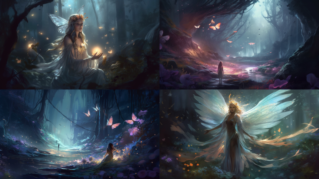 Enchanting, ethereal being, with delicate wings ::5 Glowing, glittering, sparkling ::4 Mystical, magical forest ::3 Pastel colors, soft hues, dreamy atmosphere ::2 concept art ::5 --ar 16:9 --s 250 --v 5