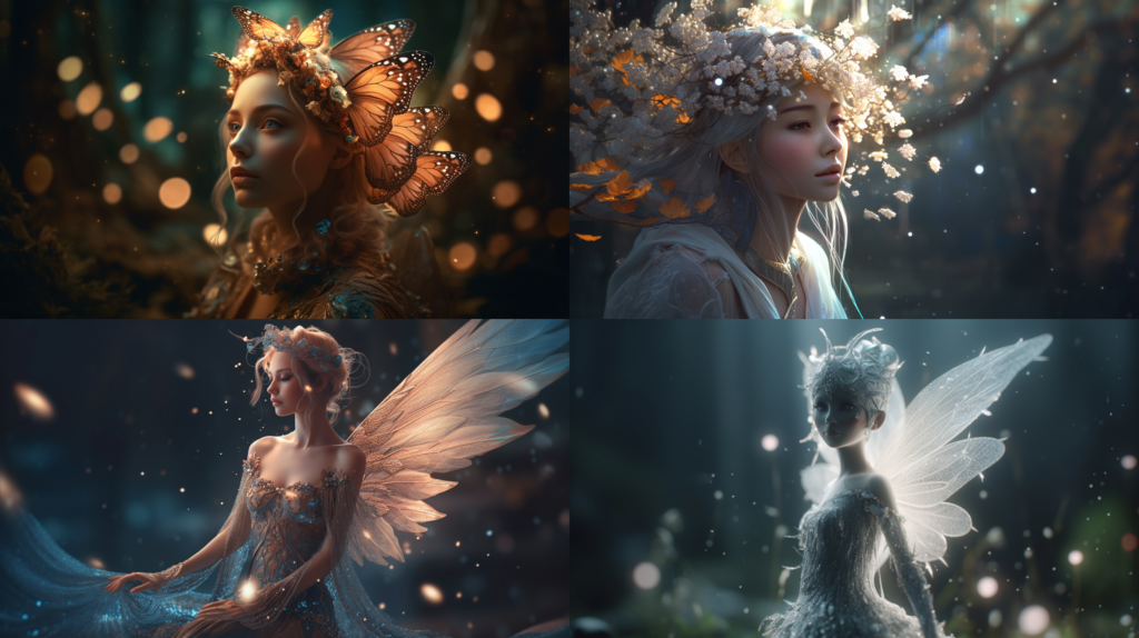 Enchanting, ethereal being, with delicate wings ::5 Glowing, glittering, sparkling ::4 Mystical, magical forest ::3 Pastel colors, soft hues, dreamy atmosphere ::2 pixer 3d character ::5 --ar 16:9 --s 250 --v 5