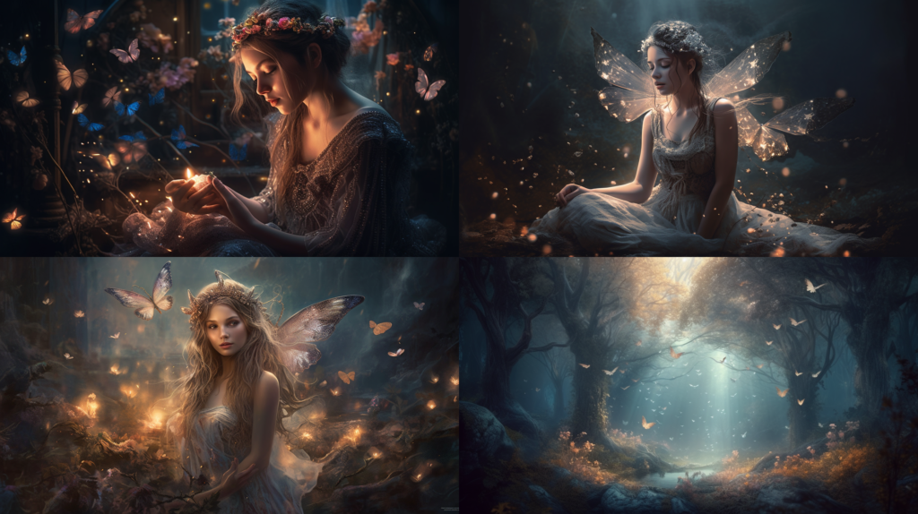 Enchanting, ethereal being, with delicate wings ::5 Glowing, glittering, sparkling ::4 Mystical, magical forest ::3 Pastel colors, soft hues, dreamy atmosphere ::2 fancy art ::5 --ar 16:9 --s 250 --v 5