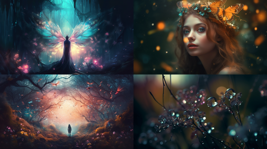 Enchanting, ethereal being, with delicate wings ::5 Glowing, glittering, sparkling ::4 Mystical, magical forest ::3 Pastel colors, soft hues, dreamy atmosphere ::2 kaleidoscope ::5 --ar 16:9 --s 250 --v 5