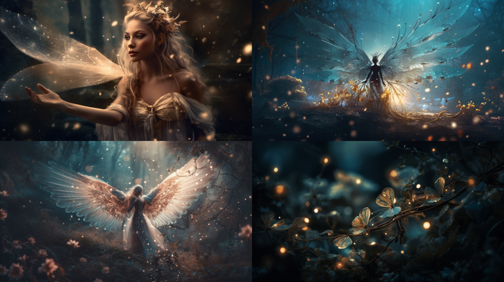 Enchanting, ethereal being, with delicate wings ::5 Glowing, glittering, sparkling ::4 Mystical, magical forest ::3 Pastel colors, soft hues, dreamy atmosphere ::2 masterpiece ::5 --ar 16:9 --s 250 --v 5