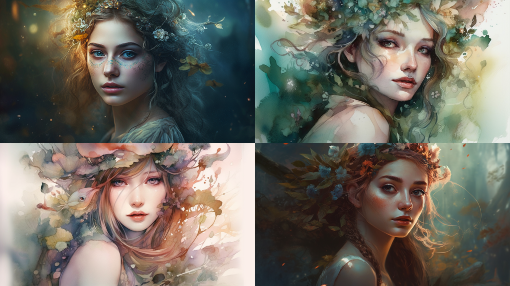 Ethereal elven beauty, pointed ears and piercing gaze ::5 Nature-inspired surroundings, magical forest, glowing mushrooms ::4 Delicate and intricate clothing, pastel colors, flowing fabric ::3 Soft lighting, dreamlike atmosphere ::2 watercolor ::5 --ar 16:9 --s 250 --v 5