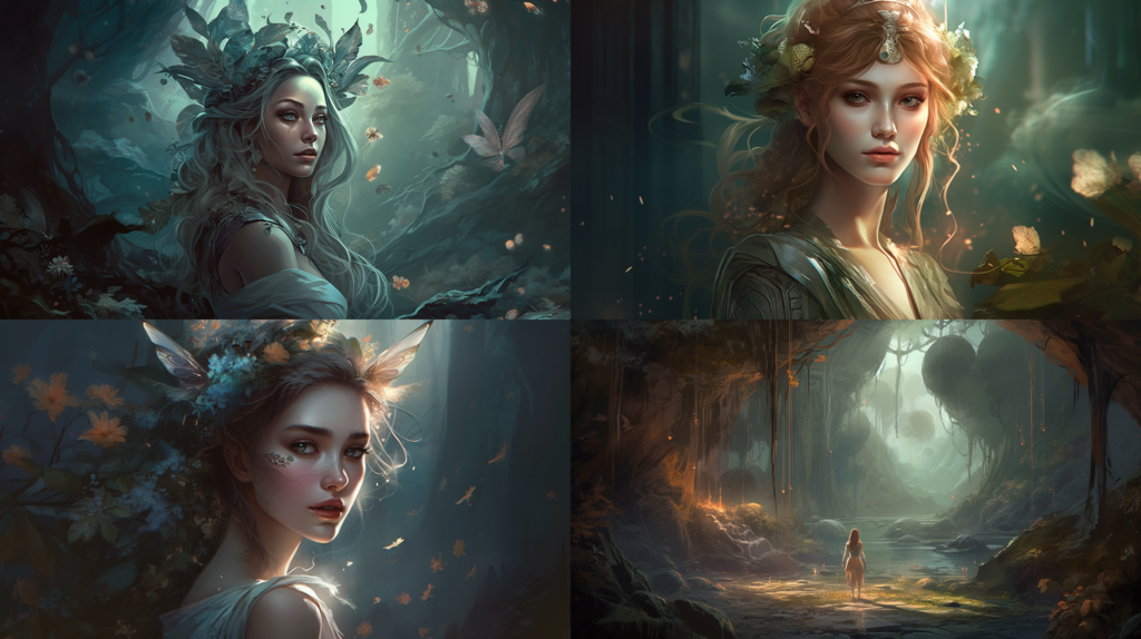 Ethereal elven beauty, pointed ears and piercing gaze ::5 Nature-inspired surroundings, magical forest, glowing mushrooms ::4 Delicate and intricate clothing, pastel colors, flowing fabric ::3 Soft lighting, dreamlike atmosphere ::2 concept art ::5 --ar 16:9 --s 250 --v 5