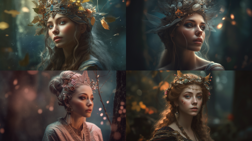 Ethereal elven beauty, pointed ears and piercing gaze ::5 Nature-inspired surroundings, magical forest, glowing mushrooms ::4 Delicate and intricate clothing, pastel colors, flowing fabric ::3 Soft lighting, dreamlike atmosphere ::2 --ar 16:9 --s 250 --v 5