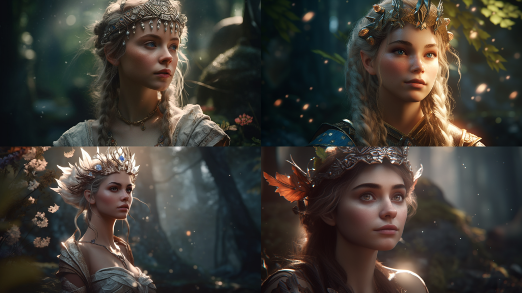 Ethereal elven beauty, pointed ears and piercing gaze ::5 Nature-inspired surroundings, magical forest, glowing mushrooms ::4 Delicate and intricate clothing, pastel colors, flowing fabric ::3 Soft lighting, dreamlike atmosphere ::2 unreal engine ::5 --ar 16:9 --s 250 --v 5