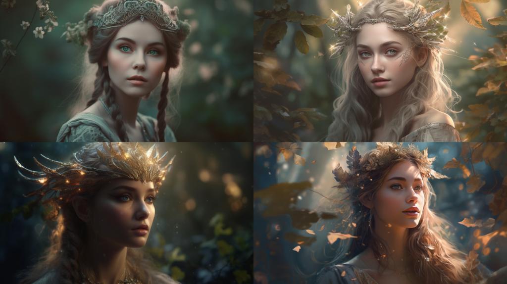 Ethereal elven beauty, pointed ears and piercing gaze ::5 Nature-inspired surroundings, magical forest, glowing mushrooms ::4 Delicate and intricate clothing, pastel colors, flowing fabric ::3 Soft lighting, dreamlike atmosphere ::2 epic ::5 --ar 16:9 --s 250 --v 5 