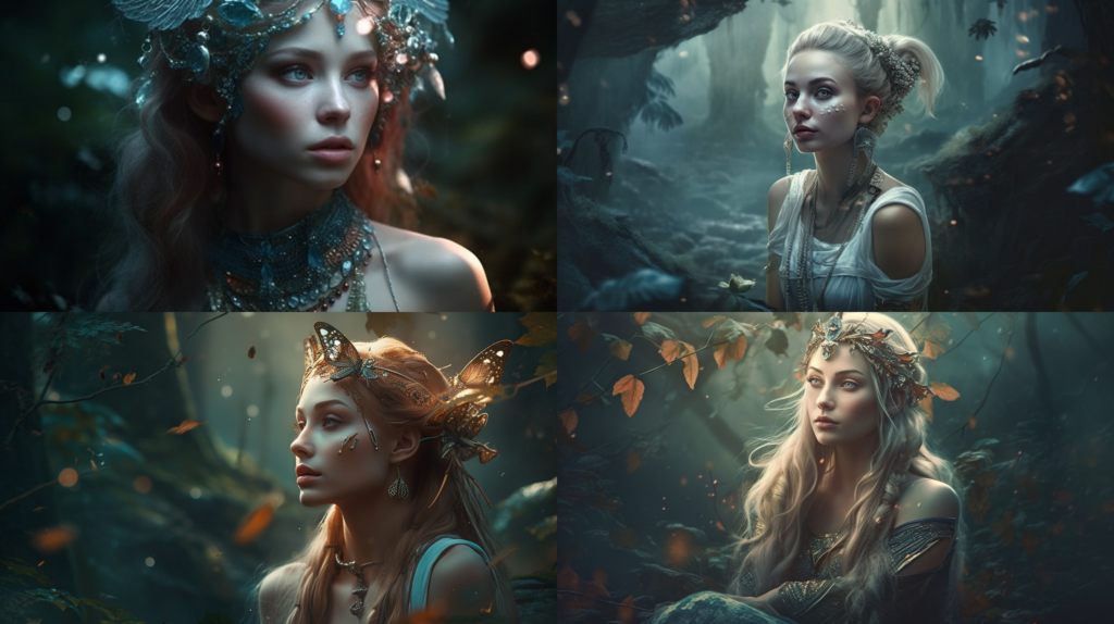 Ethereal elven beauty, pointed ears and piercing gaze ::5 Nature-inspired surroundings, magical forest, glowing mushrooms ::4 Delicate and intricate clothing, pastel colors, flowing fabric ::3 Soft lighting, dreamlike atmosphere ::2 fantasy art ::5 --ar 16:9 --s 250 --v 5
