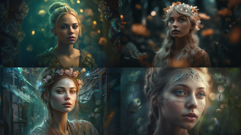Ethereal elven beauty, pointed ears and piercing gaze ::5 Nature-inspired surroundings, magical forest, glowing mushrooms ::4 Delicate and intricate clothing, pastel colors, flowing fabric ::3 Soft lighting, dreamlike atmosphere ::2 kaleidoscope ::5 --ar 16:9 --s 250 --v 5