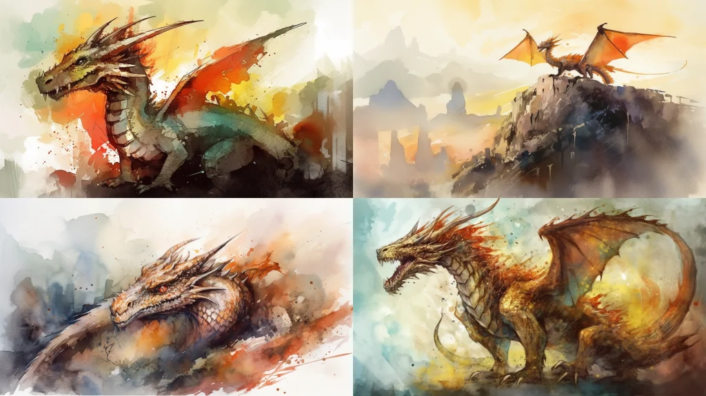 Fiery dragon rising from the depths of a volcano ::4 Golden-hued scales glinting in the sunlight ::3 Fantasy medieval castle in the background ::2 watercolor ::5 --ar 16:9 --s 250 --v 5 