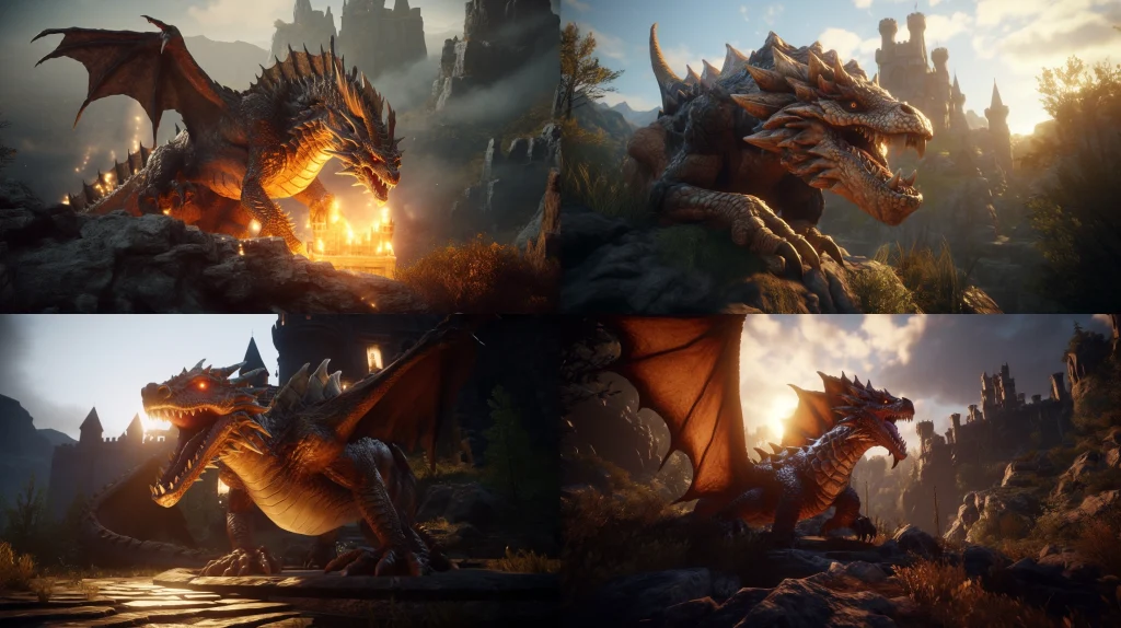 Fiery dragon rising from the depths of a volcano ::4 Golden-hued scales glinting in the sunlight ::3 Fantasy medieval castle in the background ::2 unreal engine ::5 --ar 16:9 --s 250 --v 5