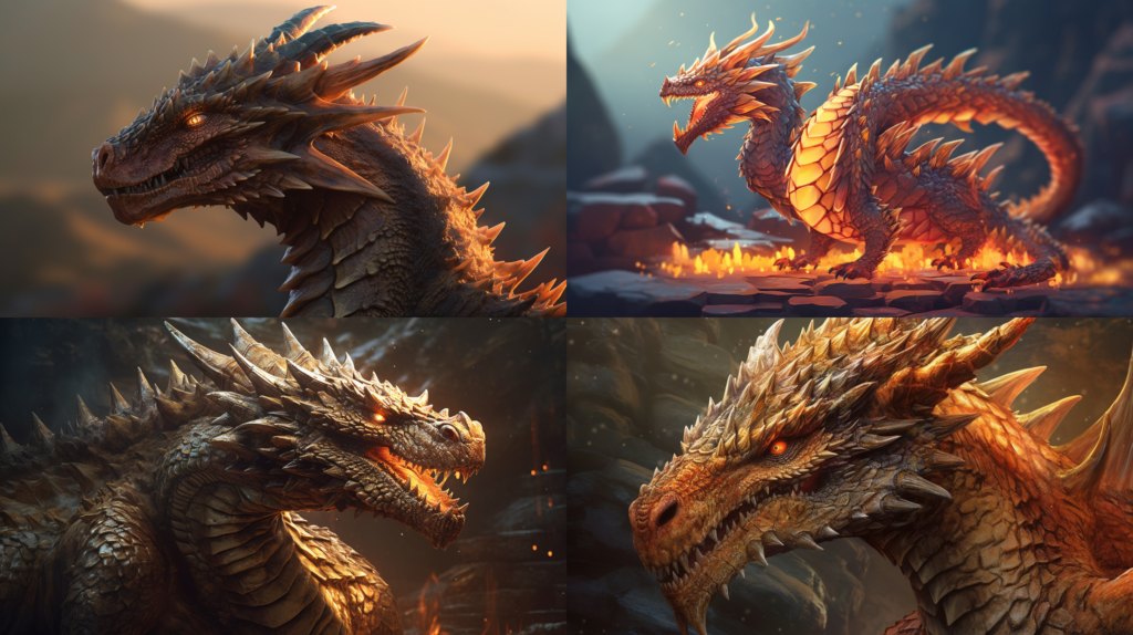 Fiery dragon rising from the depths of a volcano ::4 Golden-hued scales glinting in the sunlight ::3 Fantasy medieval castle in the background ::2 perfect shading ::5 --ar 16:9 --s 250 --v 5