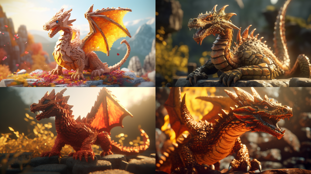 Fiery dragon rising from the depths of a volcano ::4 Golden-hued scales glinting in the sunlight ::3 Fantasy medieval castle in the background ::2 pixer 3d character ::5 --ar 16:9 --s 250 --v 5