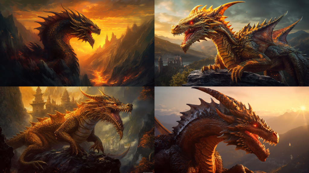 Fiery dragon rising from the depths of a volcano ::4 Golden-hued scales glinting in the sunlight ::3 Fantasy medieval castle in the background ::2 masterpiece ::5 --ar 16:9 --s 250 --v 5