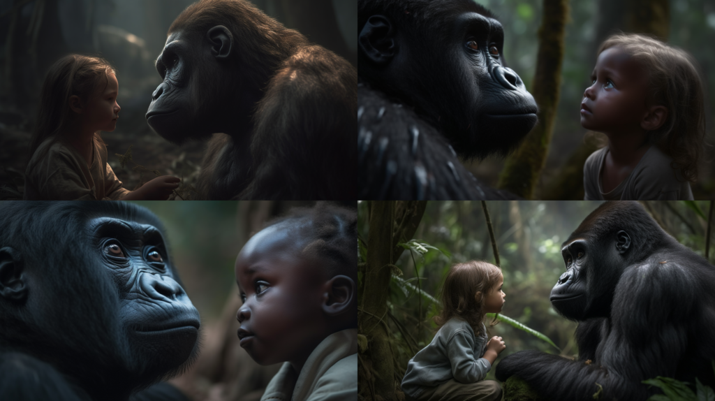 Gentle silverback gorilla nurturing a child ::5 Tenderhearted ::3 Deep jungle setting, shafts of light coming through trees ::3 Endearing relationship between the gorilla and child ::2 Child's innocent curiosity, wide-eyed expression ::2 pixer 3d character ::5 --ar 16:9 --s 250 --v 5