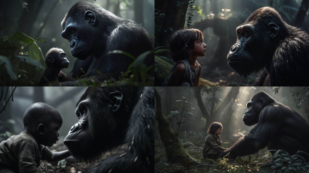 Gentle silverback gorilla nurturing a child ::5 Tenderhearted ::3 Deep jungle setting, shafts of light coming through trees ::3 Endearing relationship between the gorilla and child ::2 Child's innocent curiosity, wide-eyed expression ::2 unreal engine ::5 --ar 16:9 --s 250 --v 5