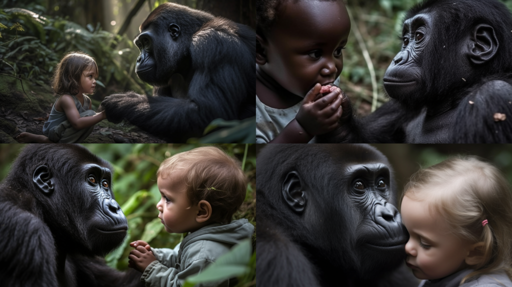 Gentle silverback gorilla nurturing a child ::5 Tenderhearted ::3 Deep jungle setting, shafts of light coming through trees ::3 Endearing relationship between the gorilla and child ::2 Child's innocent curiosity, wide-eyed expression ::2 epic ::5 --ar 16:9 --s 250 --v 5