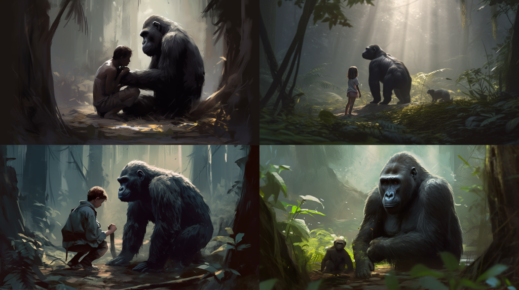 Gentle silverback gorilla nurturing a child ::5 Tenderhearted ::3 Deep jungle setting, shafts of light coming through trees ::3 Endearing relationship between the gorilla and child ::2 Child's innocent curiosity, wide-eyed expression ::2 concept art ::5 --ar 16:9 --s 250 --v 5