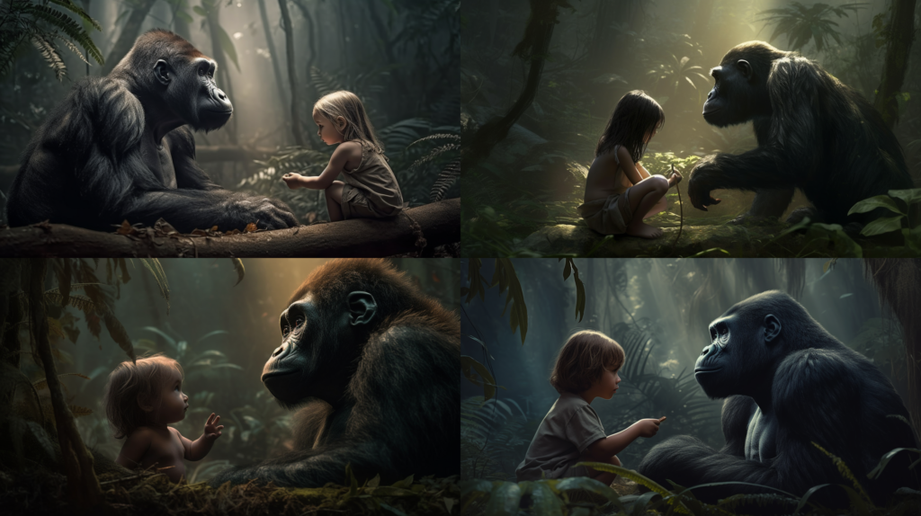 Gentle silverback gorilla nurturing a child ::5 Tenderhearted ::3 Deep jungle setting, shafts of light coming through trees ::3 Endearing relationship between the gorilla and child ::2 Child's innocent curiosity, wide-eyed expression ::2 fantasy art ::5 --ar 16:9 --s 250 --v 5