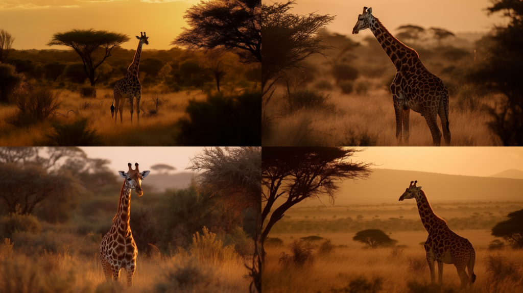Graceful giraffe reaching for the stars ::5 Tall tree with lush green leaves ::4 Savanna landscape, warm golden hour sunlight ::3 Long neck, spots, gentle giant ::2 Close-up, detailed textures, intricate patterns ::1 --ar 16:9 --s 250 --v 5