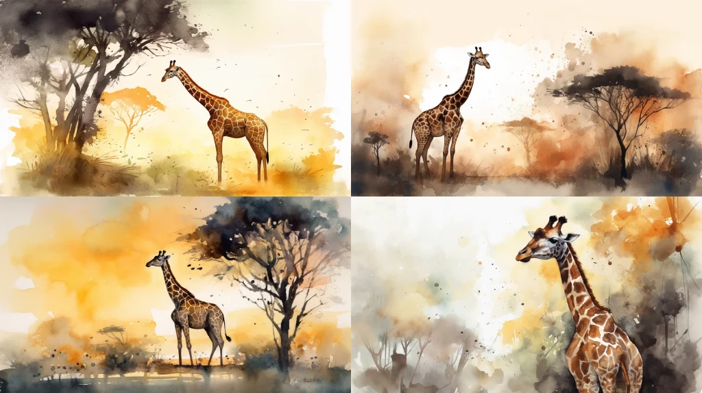 Graceful giraffe reaching for the stars ::5 Tall tree with lush green leaves ::4 Savanna landscape, warm golden hour sunlight ::3 Long neck, spots, gentle giant ::2 Close-up, detailed textures, intricate patterns ::1 watercolor ::5 --ar 16:9 --s 250 --v 5 