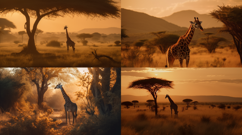 Graceful giraffe reaching for the stars ::5 Tall tree with lush green leaves ::4 Savanna landscape, warm golden hour sunlight ::3 Long neck, spots, gentle giant ::2 Close-up, detailed textures, intricate patterns ::1 epic ::5 --ar 16:9 --s 250 --v 5