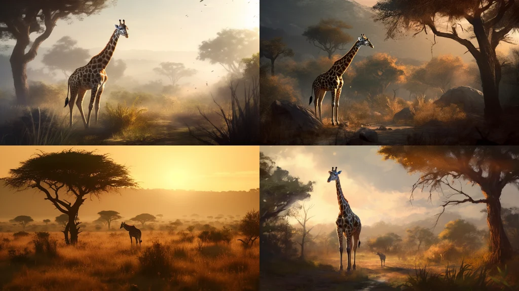 Graceful giraffe reaching for the stars ::5 Tall tree with lush green leaves ::4 Savanna landscape, warm golden hour sunlight ::3 Long neck, spots, gentle giant ::2 Close-up, detailed textures, intricate patterns ::1 concept art ::5 --ar 16:9 --s 250 --v 5