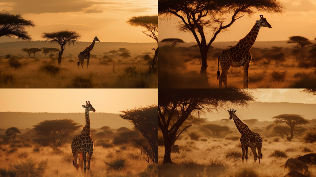 Graceful giraffe reaching for the stars ::5 Tall tree with lush green leaves ::4 Savanna landscape, warm golden hour sunlight ::3 Long neck, spots, gentle giant ::2 Close-up, detailed textures, intricate patterns ::1 masterpiece ::5 --ar 16:9 --s 250 --v 5