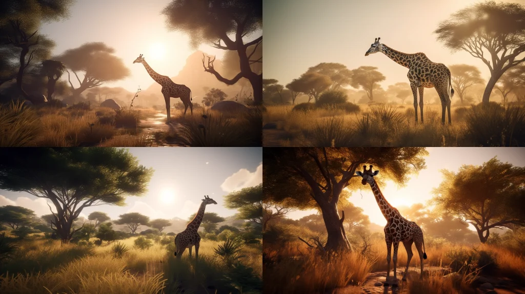 Graceful giraffe reaching for the stars ::5 Tall tree with lush green leaves ::4 Savanna landscape, warm golden hour sunlight ::3 Long neck, spots, gentle giant ::2 Close-up, detailed textures, intricate patterns ::1 unreal engine ::5 --ar 16:9 --s 250 --v 5