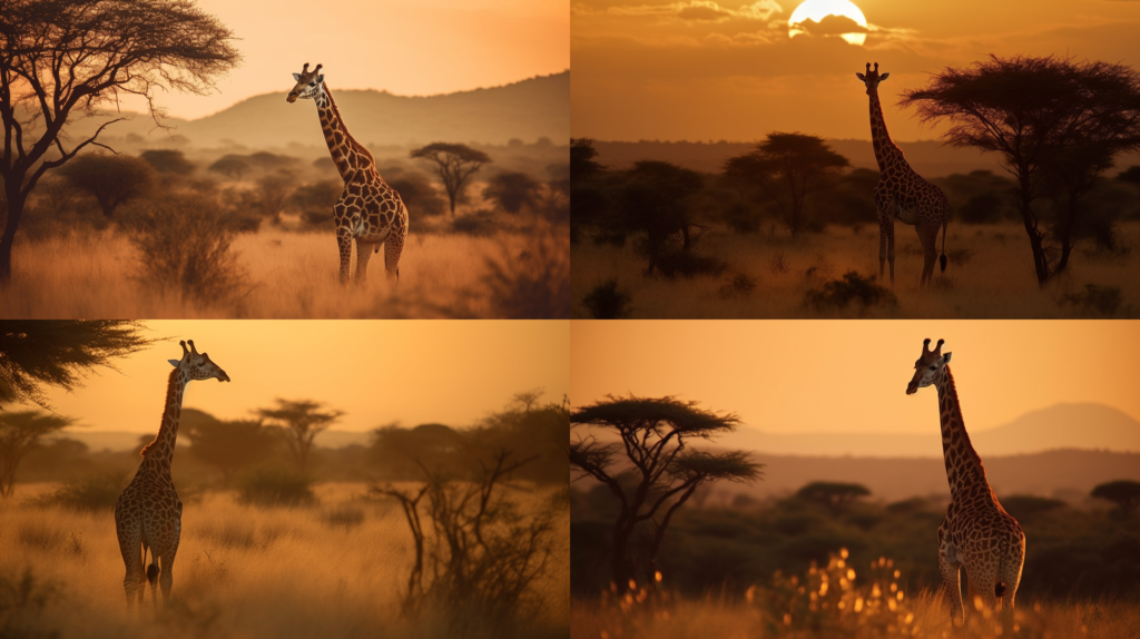Graceful giraffe reaching for the stars ::5 Tall tree with lush green leaves ::4 Savanna landscape, warm golden hour sunlight ::3 Long neck, spots, gentle giant ::2 Close-up, detailed textures, intricate patterns ::1 kaleidoscope ::5 --ar 16:9 --s 250 --v 5