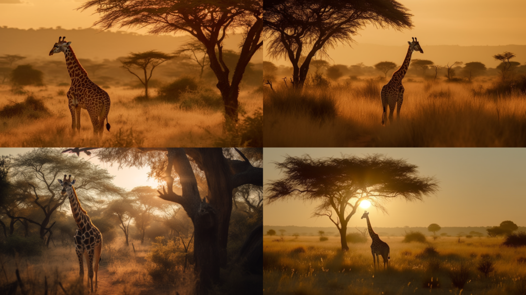 Graceful giraffe reaching for the stars ::5 Tall tree with lush green leaves ::4 Savanna landscape, warm golden hour sunlight ::3 Long neck, spots, gentle giant ::2 Close-up, detailed textures, intricate patterns ::1 perfect shading ::5 --ar 16:9 --s 250 --v 5