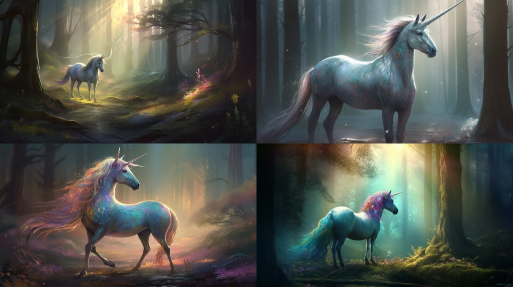 Majestic and graceful unicorn, with a glittering silver mane and tail ::5 Sparkling, iridescent horn, rainbow colors ::4 Magical forest background, with sunlight filtering through trees ::3 Ethereal and dreamy atmosphere, with soft pastel colors ::2 concept art ::5 --ar 16:9 --s 250 --v 5
